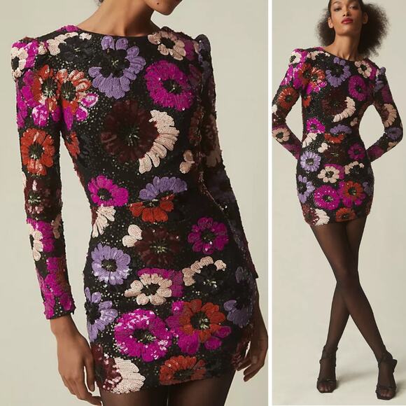 NWT DRESS THE POPULATION DRESS XS FAIRY GRUNGE HAZEL LONG SLEEVE SEQUIN FLORAL - Picture 1 of 16